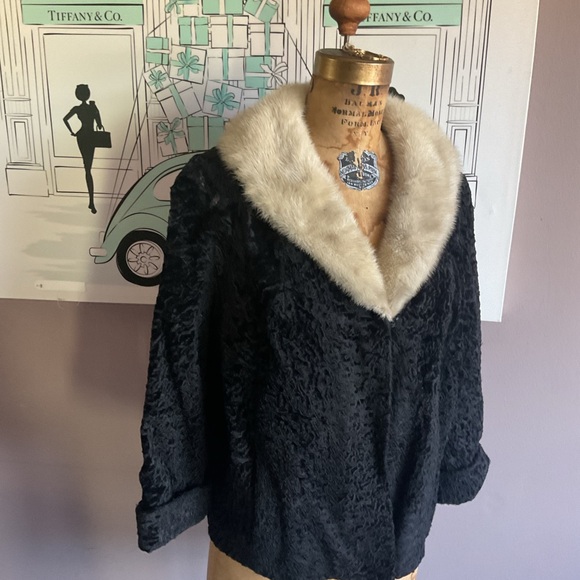 Vintage Black Curly Lamb Karakul and Blonde Mink Swing Coat, M - Picture 2 of 12